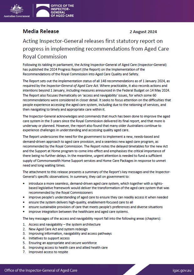 Media release – Acting Inspector-General releases first statutory report on progress in implementing recommendations from Aged Care Royal Commission