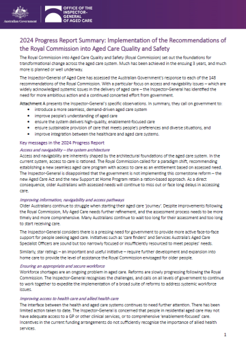 Summary of the 2024 progress report on the implementation of the recommendations of the Royal Commission into Aged Care Quality and Safety